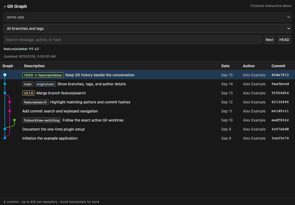 Git Graph showing colored branches, a version tag, author names, and commit history for a fictional application